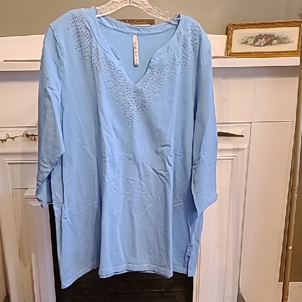 Leo & Nicole Sky Blue Tunic with Embellished V-Neck